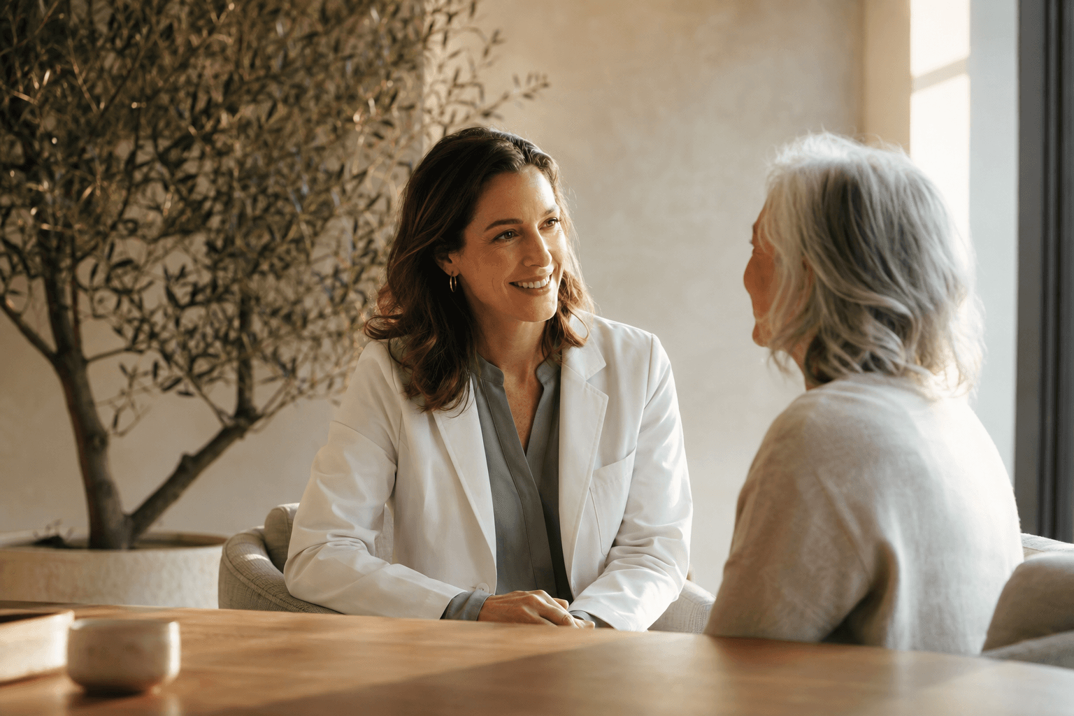Illustrative scene of a physician talking with an older patient in a sunlit clinic